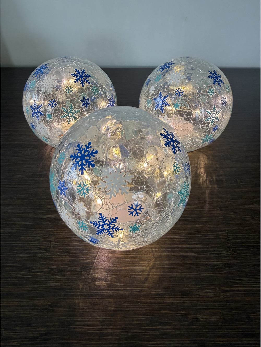 Set of 3, Crackled Glass Snowflake Globes